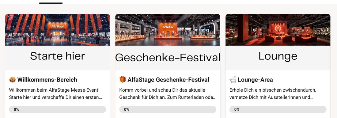 Classroom der AlfaStage mit Willkommens-Bereich, Geschenke-Festival und Lounge